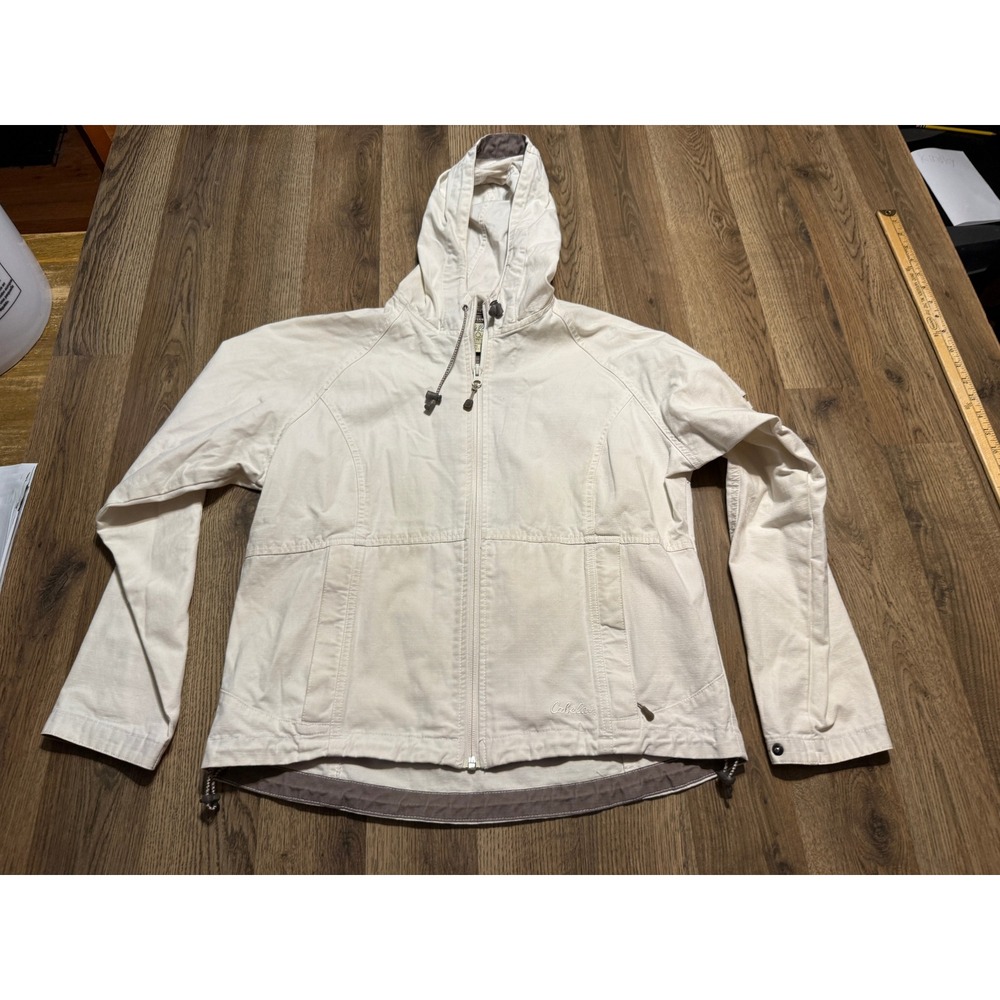 Cabelas Jacket Women Size M Cream White Utility Outdoor Canvas Hooded Full Zip